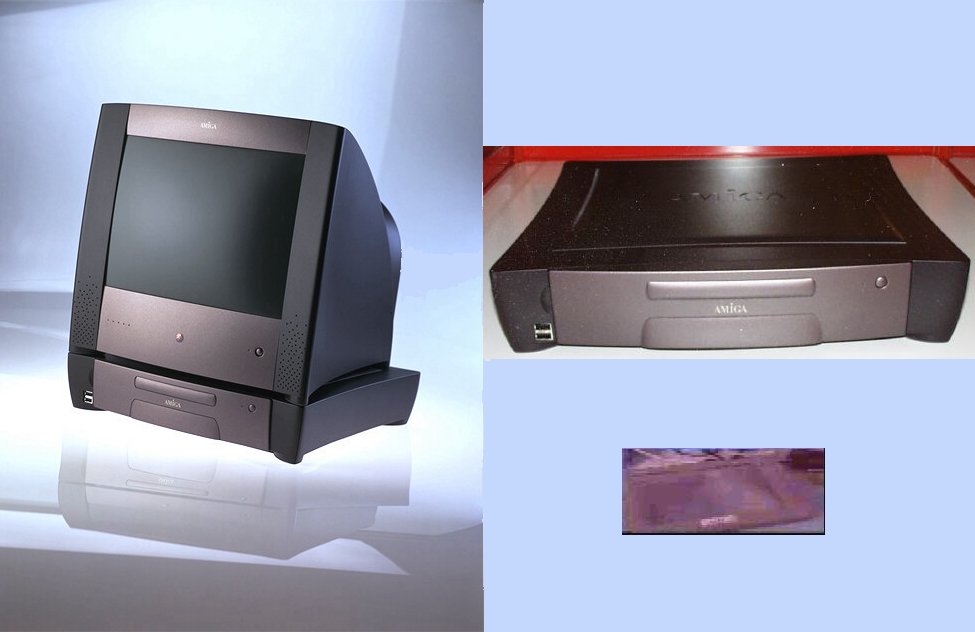 Promotional image of the Amiga MCC with a monitor (left), a prototype computer case (right), and a blurry image of a prototype MCC tablet (bottom right).