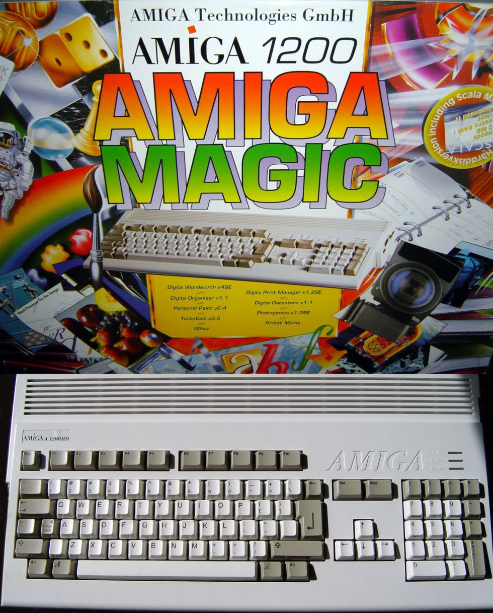 An Amiga 1200 from the ESCOM Magic Pack. Note the new Amiga logo on the box and on a sticker, even with the old logo still embossed in the case.