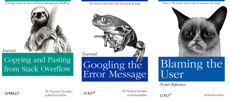 Some classic O'Reilly titles. (OK, not really. But honestly these titles <em>would</em> teach some folks very valuable devops skills.)