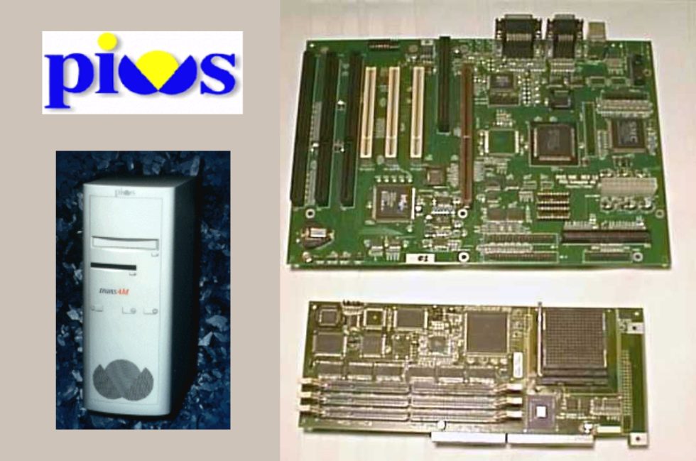 The PIOS logo, prototype case, and motherboard.