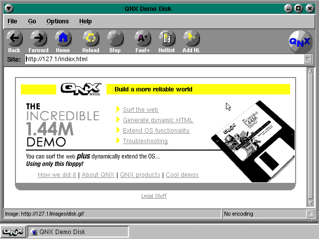 QNX's famous 1.44MB floppy demo. It really worked!