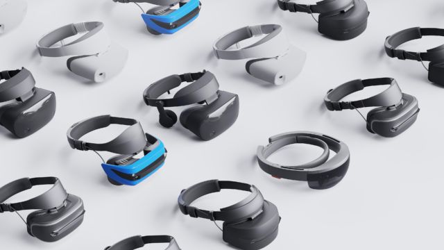 An array of Windows MIxed Reality headsets.