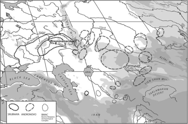 A map of the area on the northern Russian steppes where the sacrificial dogs were found. The Krasnosamarskoe settlement was a tiny ritual center, part of the larger Indo-European Srubnaya culture in the late Bronze Age.