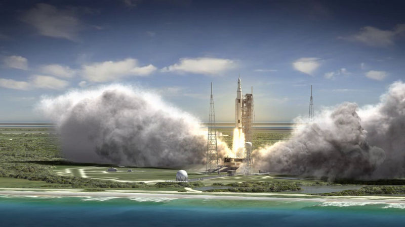 This artist rendering shows an aerial view of the liftoff of the SLS rocket during Exploration Mission 1.