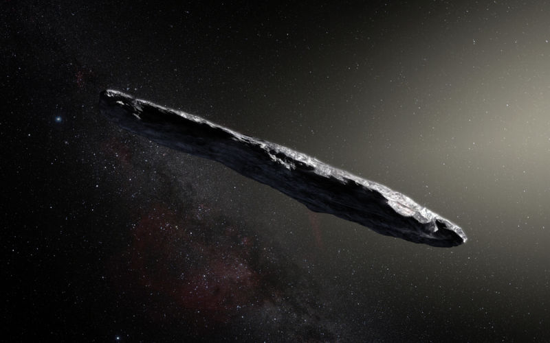 An artist’s impression of the oddly shaped interstellar asteroid `Oumuamua.
