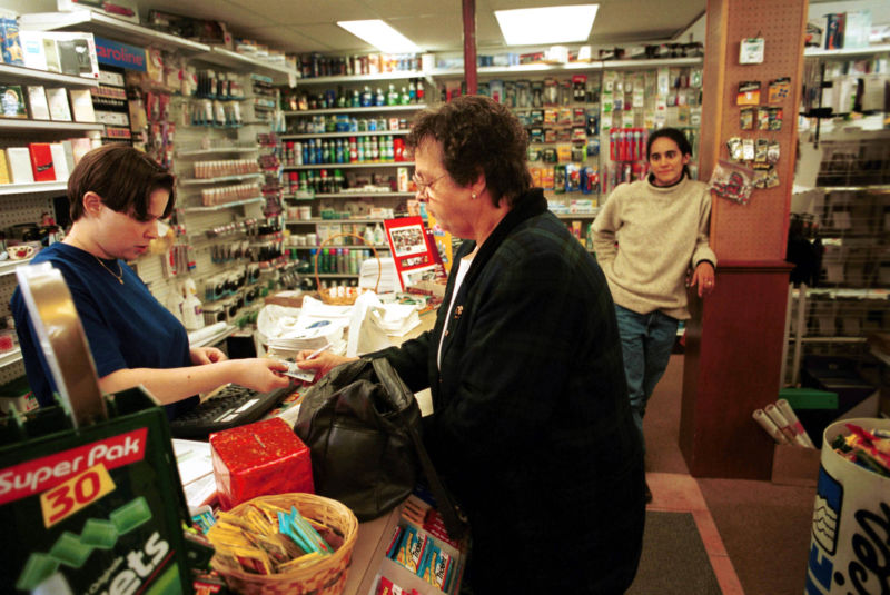 Sixty-one-year-old US citizen Shirley Wilford hops the border to buy prescription drugs in a pharmacy in Hemmingford, Canada. 