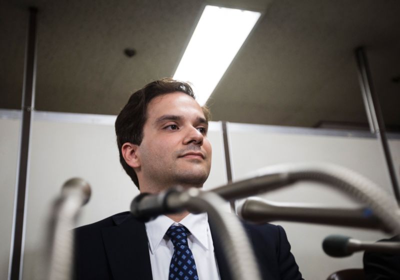 French national Mark Karpelès, former CEO of collapsed Bitcoin exchange Mt. Gox, attends a press conference after his first hearing in Tokyo on July 11, 2017.
