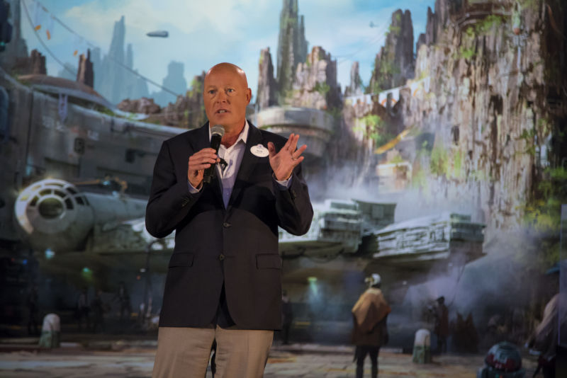 Bob Chapek, chairman of Walt Disney Parks and Resorts, shows off plans for Disney's forthcoming <em>Star Wars</em>-themed park in Anaheim.