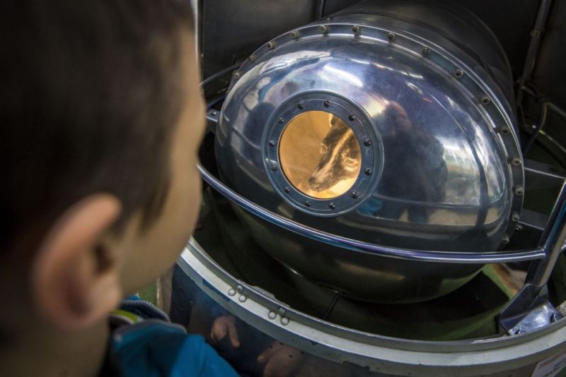 An effigy of Laika inside a replica of satellite Sputnik II at the Central House of Aviation and Cosmonautics in Moscow.