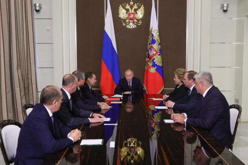 Russian Federal Security Service (FSB) head Alexander Bortnikov (far left) meets with other Russian officials, including President Vladimir Putin (center) on November 24, 2017.