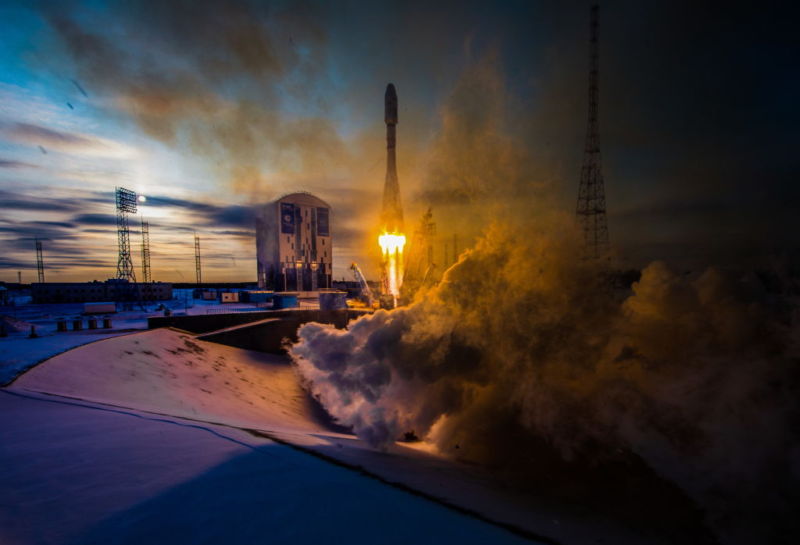 A Soyuz 2.1b rocket booster carrying the Meteor M2-1 meteorological satellite and 18 small satellites launched from the Vostochny Cosmodrome on Tuesday.