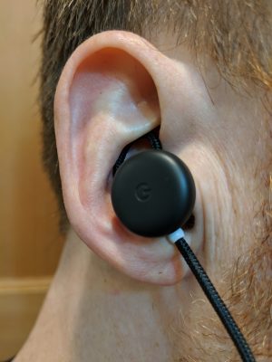 The author's ear, with a Pixel Bud wedged into it.