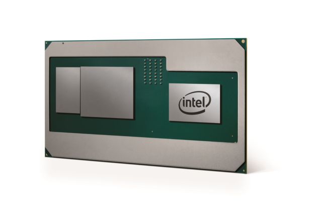 Intel's render of an 8th-generation H-series processor. The discrete GPU and stacked HBM2 memory are side by side.