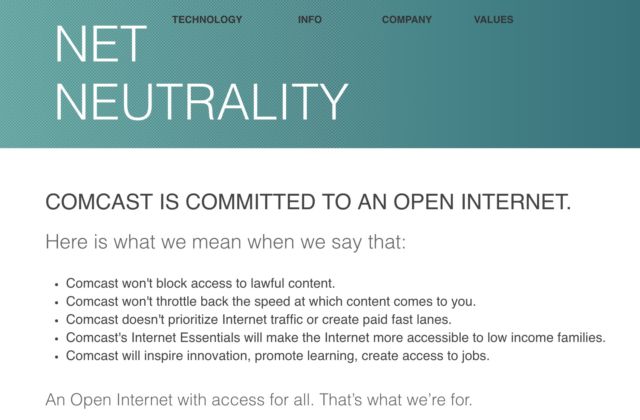 Comcast's net neutrality promise from 2014 until April 26, 2017.