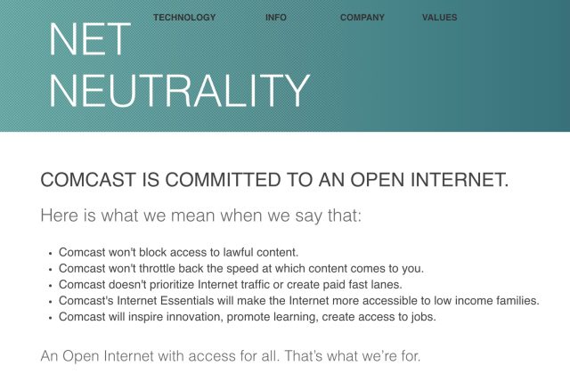 Comcast's net neutrality promise from 2014 until April 26, 2017.