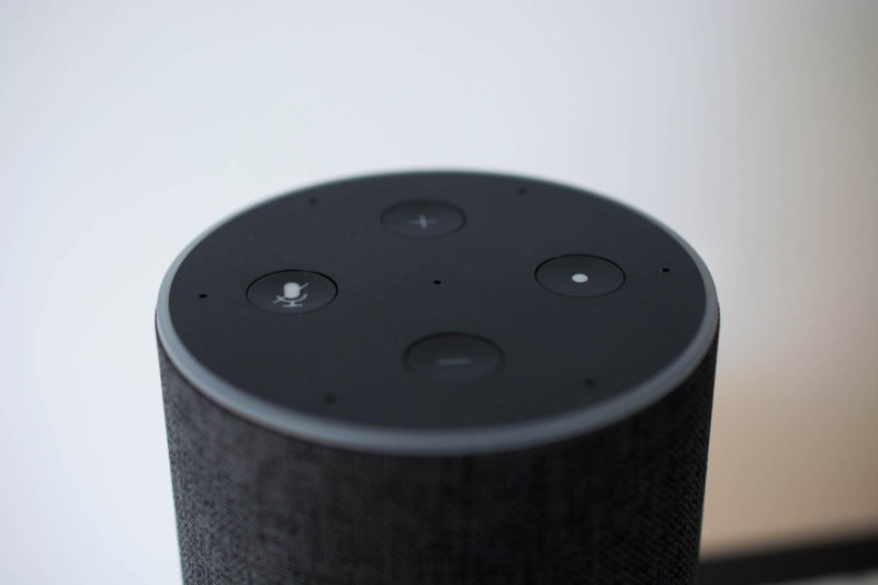 An Amazon Echo, specifically its top control buttons for volume, mic off, and Alexa action.