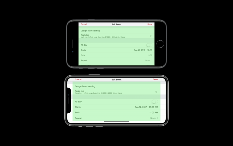 Here is a comparison of the safe area in landscape mode on the iPhone 8 and on the iPhone X.