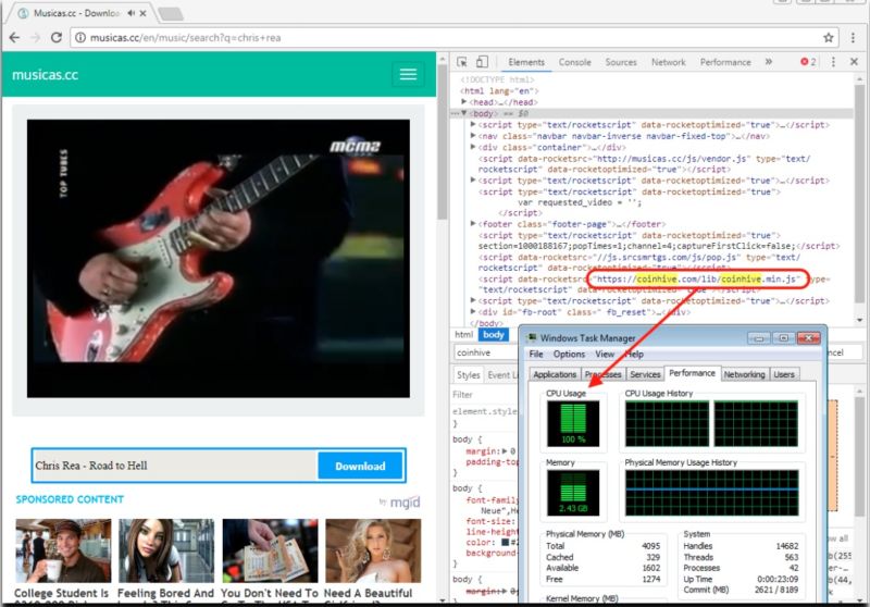 A music streaming site that participated in Coinhive crypto mining maxes out the visitor's CPU.
