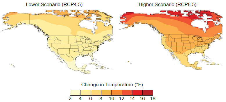Projected average temperature change by the last three decades of the 21st century for two greenhouse gas emissions scenarios.
