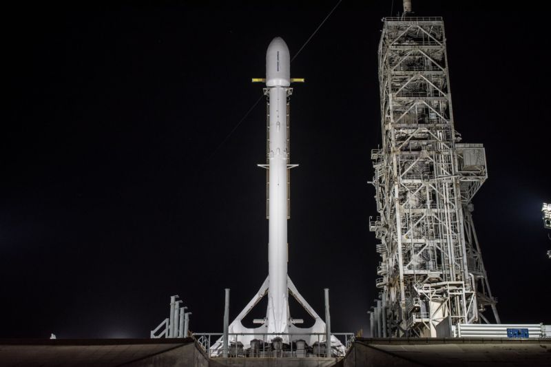 The Falcon 9 rocket and Zuma have gone vertical on Pad 39A at Kennedy Space Center.