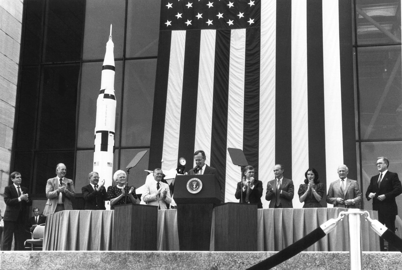 The elder President Bush announces the Space Exploration Initiative in 1989 to return to the Moon and go to Mars.