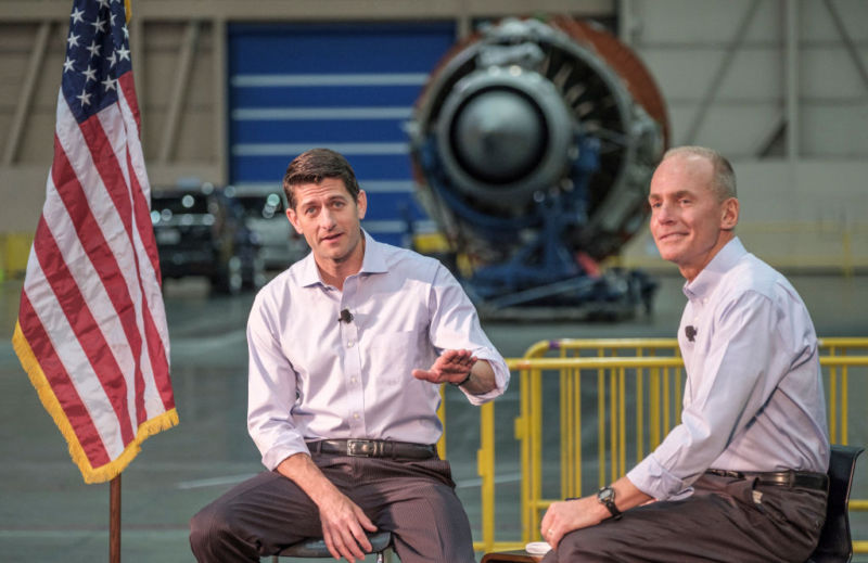 House Speaker Paul Ryan speaks during a town hall with Boeing Company CEO Dennis Muilenburg and Boeing employees in Everett, Washington this year.