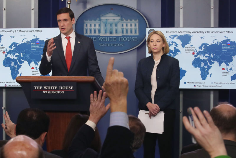 WASHINGTON, DC - DECEMBER 19: Tom Bossert, White House homeland security advisor, and Jeanette Manfra, chief of cybersecurity for the Department of Homeland Security, brief reporters on the WannaCry cyberattack earlier this year, at the White House on December 19, 2017 in Washington, DC. The widespread attack, which plagued multiple industries in at least 150 countries and cost billions of dollars, was blamed squarely on North Korea by Bossert.  (Photo by Mark Wilson/Getty Images)
