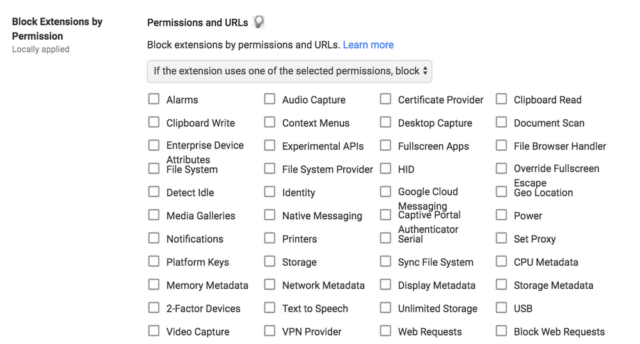 The different blockable extension permissions.