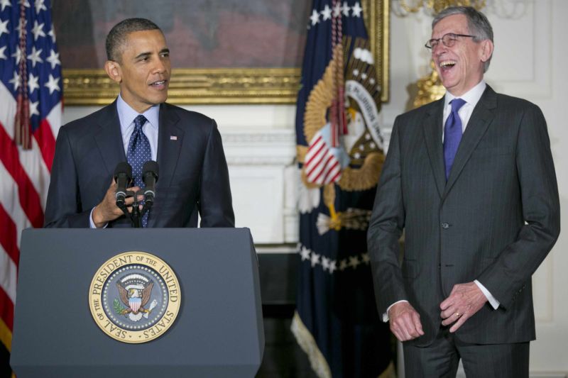Then-President Barack Obama and Tom Wheeler, his nominee for chairman of the Federal Communications Commission, in May 2013.