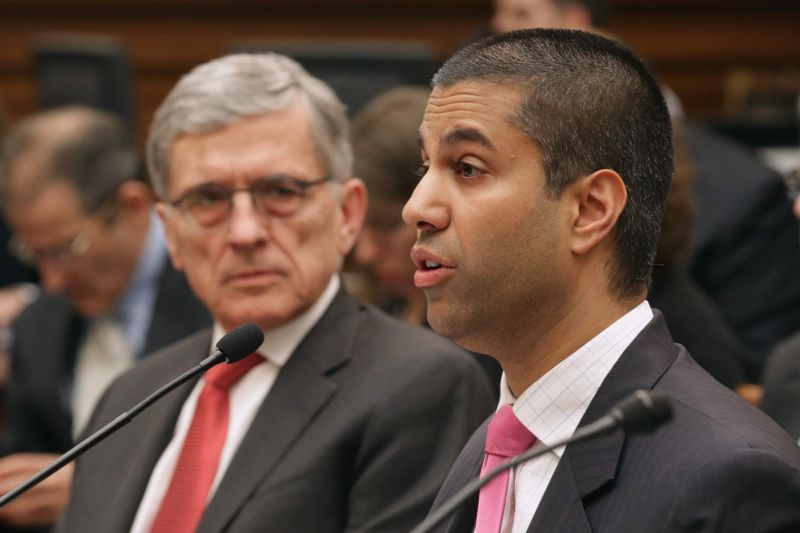 Then-FCC Chairman Tom Wheeler with current FCC Chairman Ajit Pai testify before the House Judiciary Committee about Internet regulation on March 25, 2015 in Washington, DC. 