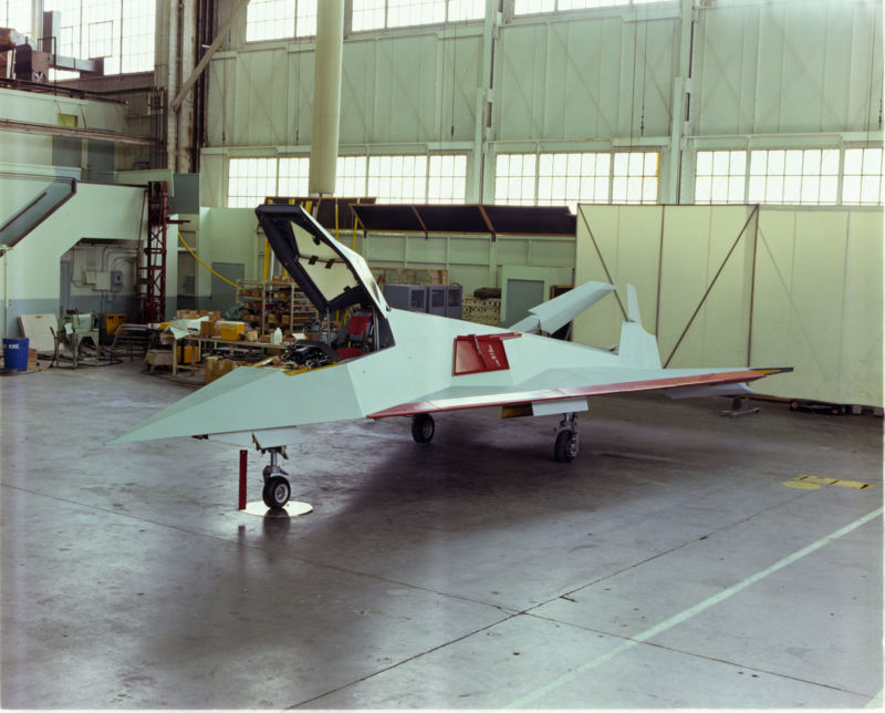 One of the two Have Blue prototypes sits in a hangar at Lockheed's Skunk Works in Burbank, California in this 1978 photo. The aircraft was the first real "stealth" aircraft, designed to have a radar cross section the size of "an eagle's eyeball".