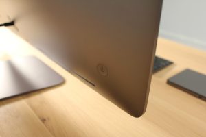 Closeup of iMac power button.