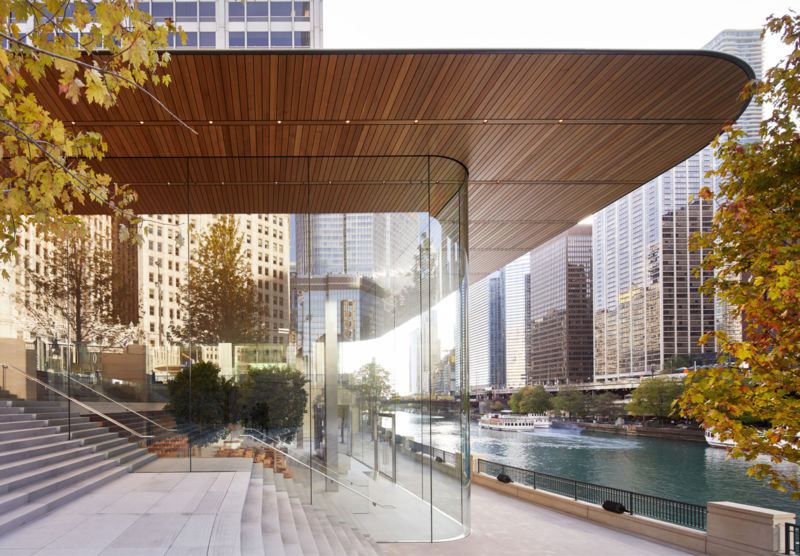 An exterior view of the Apple Store on the Chicago River.