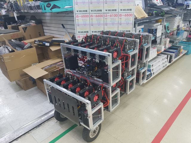 Mining rigs for sale at a South Korean computer shop.