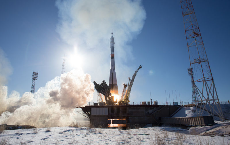 A Soyuz FG rocket launches from Gagarin's Start in Kazakhstan.