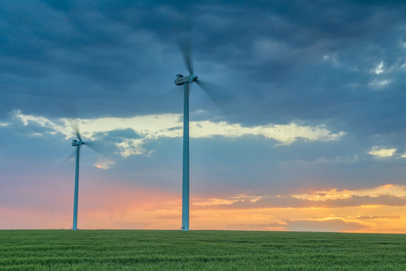 Wind turbines at the Cedar Point Wind Energy Project in Limon, Colorado.