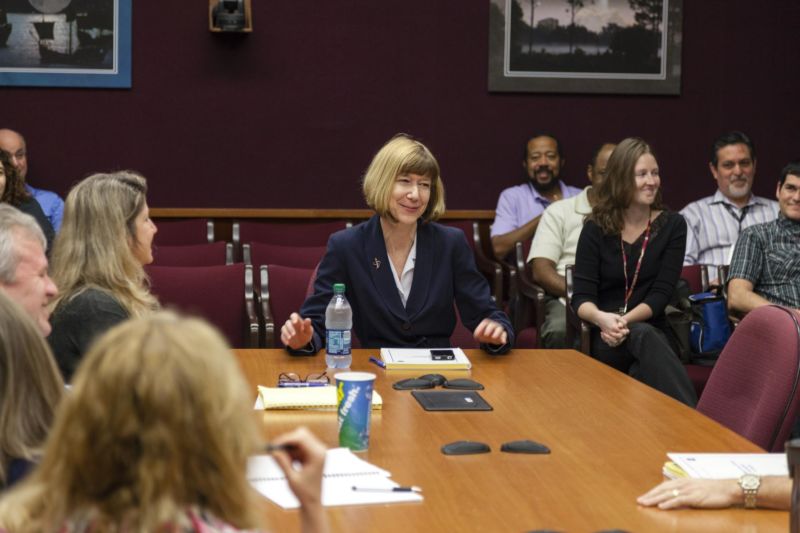 Despite her smiles here, NASA's commercial crew program manager has concerns about schedules for Boeing and SpaceX.