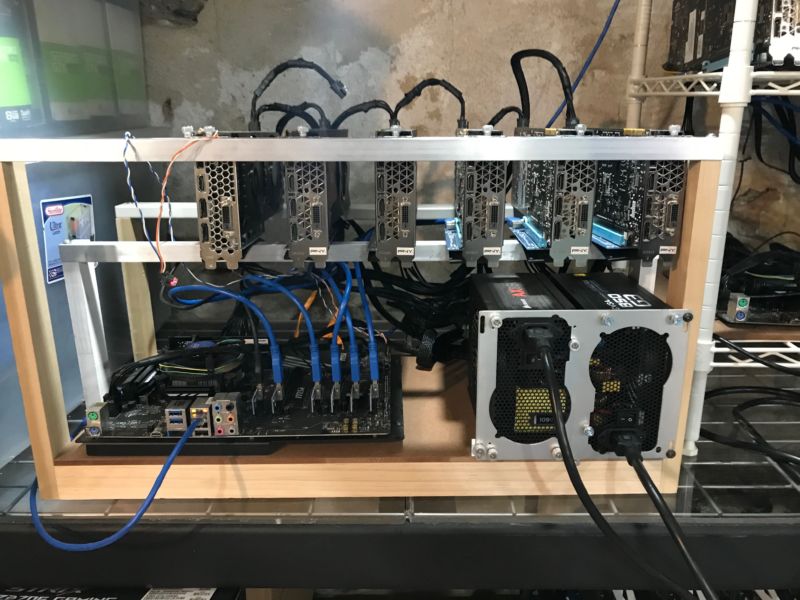 Six graphics cards sit in a mining rig built by Philadelphia miner Matthew Freilich.
