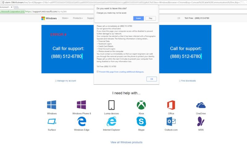 A tech support scam pushed by Zirconium displays the authenticated URL of Microsoft, making it easy for some people to trust.