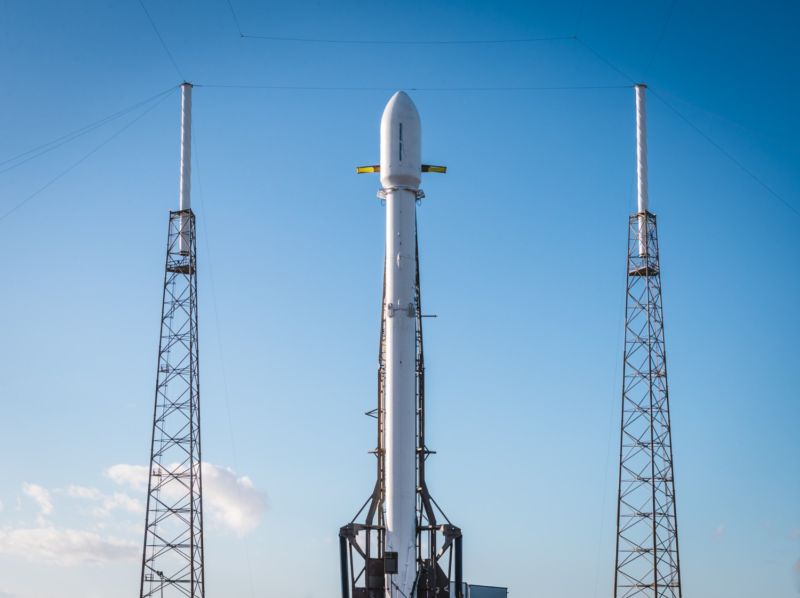 A Falcon 9 rocket on the launch pad.