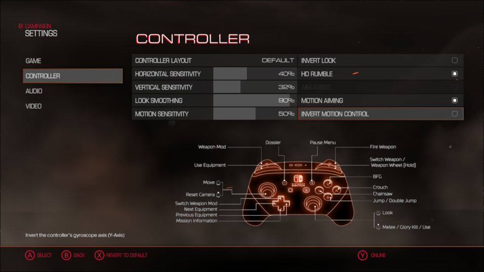 When you turn motion control on, you can adjust motion sensitivity and toggle Y-axis inversion. The latter is a nice touch, while the former would be better if it had separate horizontal and vertical sliders. But it's still pretty easy to tweak, thanks to the menu being accessible at any point in a <em>Doom</em> Switch session. (FYI: aim assist is automatically disabled in motion mode.)