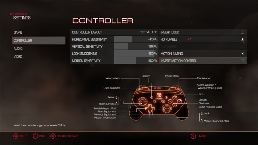 When you turn motion control on, you can adjust motion sensitivity and toggle Y-axis inversion. The latter is a nice touch, while the former would be better if it had separate horizontal and vertical sliders. But it's still pretty easy to tweak, thanks to the menu being accessible at any point in a <em>Doom</em> Switch session. (FYI: aim assist is automatically disabled in motion mode.)