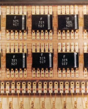 Flat pack surface-mounted integrated circuits from the Apollo spacecraft.