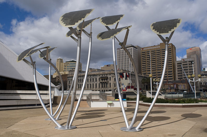 Sculpture-like solar panels near the Adelaide Festival Centre, Adelaide, South Australia, SA, Australia.