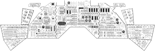 The Apollo CM Block II cockpit console in Apollo 13 configuration. Even with all the controls, only a tiny fraction of the spacecraft's systems were represented.