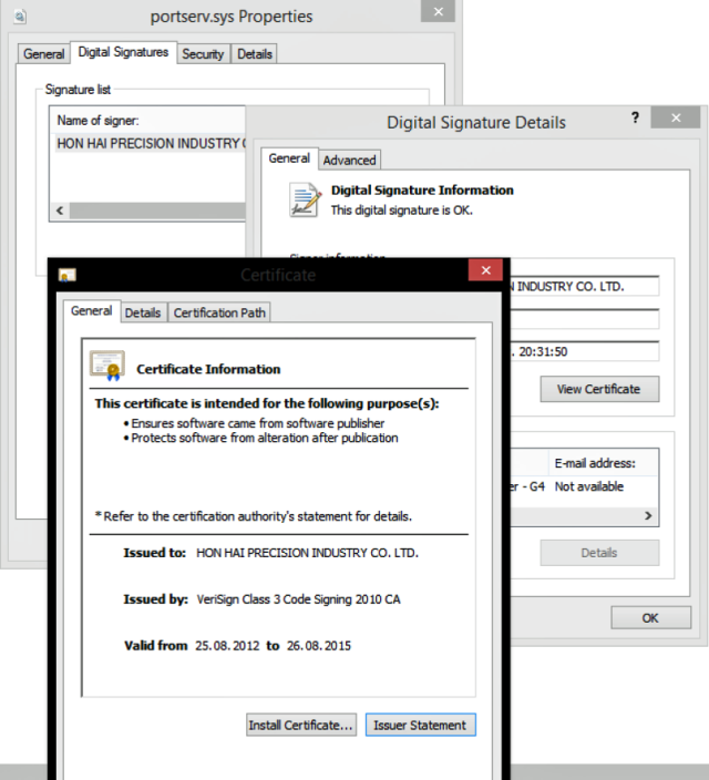 A digital signature used by malware that infected the network of Kaspersky Lab in 2014. Counterfeit certificates that generate such fraudulent signatures are being sold online for use in other malware.