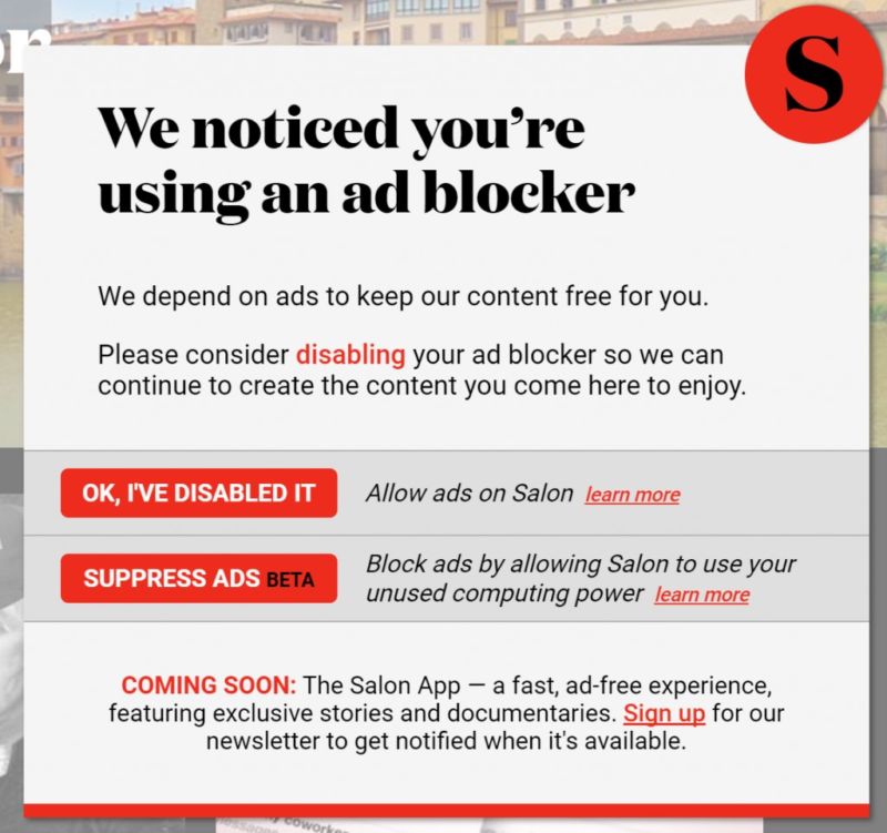 Salon to ad blockers: Can we use your browser to mine cryptocurrency?