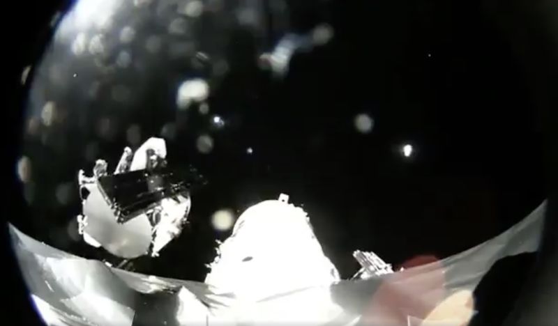 A view in outer space of SpaceX's first two broadband satellites.