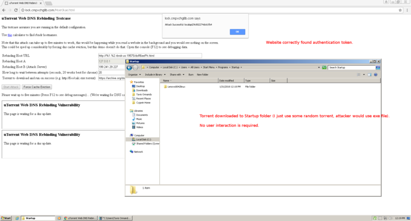 A screenshot of one of the uTorrent PoC exploits in action.