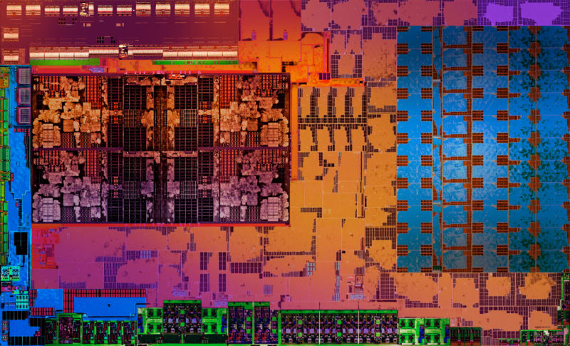 The dark block on the left is the four-core Zen CCX. On the right is the GPU.